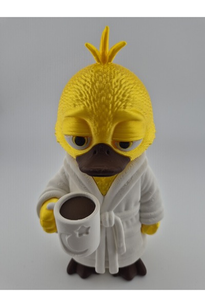 FDI3D Figurină decorativă Rățușcă cu cană de cafea, imprimată 3D, 14 × 7 × 7 cm