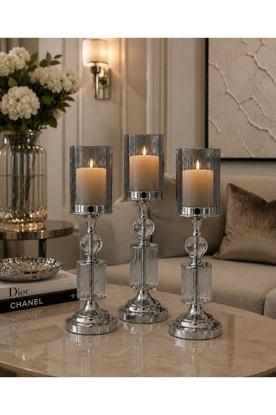 Hinora Home Kristal Model Dekoratif Şık Salon 3Lü Metal Şamdan Seti Hediyelik...