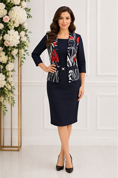 OEM Rochie dama Herna cu imprimeu painted si accesoriu,bleumarin