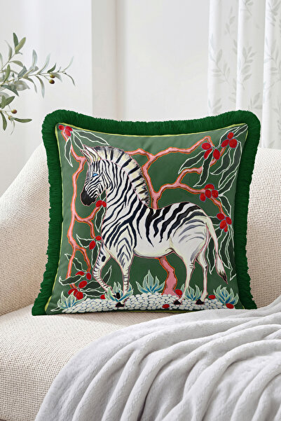 Realhomes Fringed Throw Pillow Cover with Zebra Figure and Red Fruit Branch M...