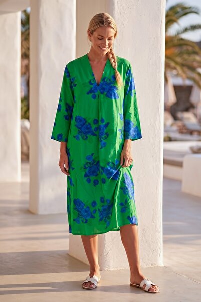 Chiccy Green V-Neck 3/4 Sleeve Hidden Pocket Pleated Floral Printed Casual Vi...