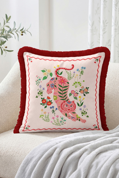 Realhomes Floral Tiger Figured Botanical Patterned Fringed Throw Pillow Cover...