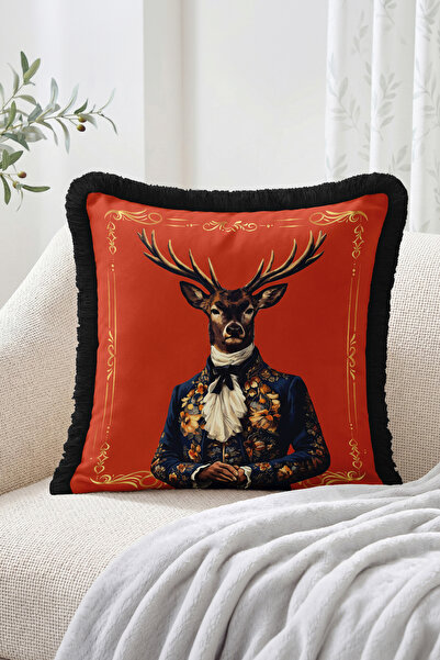 Realhomes Dressed Deer Figure, Floral Pattern, Frame Motif, Fringed Throw Pil...