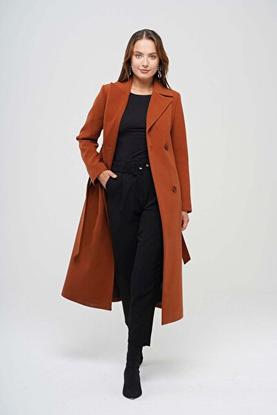 Olcay Double-Breasted Waist-Tied Mid-Length Coat Ti̇remi̇t 3754-Y