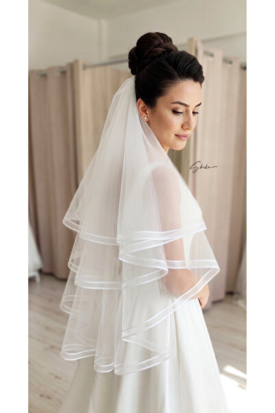 SHEKA Camelia Model Kırık Beyaz Gelin Duvağı, İncili Metal Taraklı, Çift Sıra...