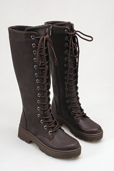 SENASTİL S160 Women's Brown Lace-Up Inner Zipper Below the Knee Boots Thick S...