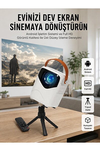 HD Ayaklı Portatif Projeksiyon Cihazı Bluetooth Wifi Akıllı Android İşlemcili