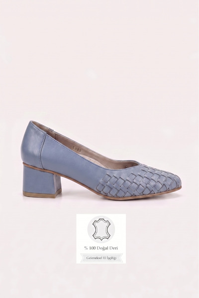 TUNAELLİ Women's Blue Braided Genuine Leather Heeled Shoes, Size 35-41