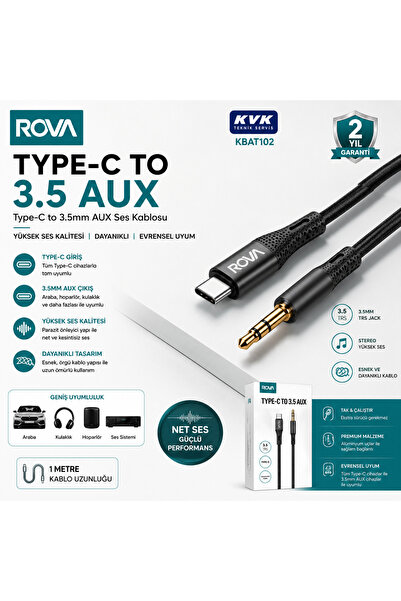 ROVA كابل صوت KBAT102 من النوع C إلى 3.5 ملم AUX - مع شريحة DAC مدمجة، لون رم...