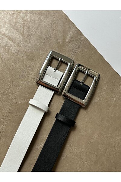 LİA KEMER 2-Pack Women's Square Buckle Silver Belt Waist Belt Coat Belt Dress...