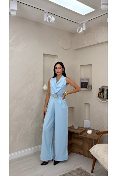 miraylawear MAYA MAVİ RENKLİ KEMER DETAYLI KADIN TULUM ELBİSE