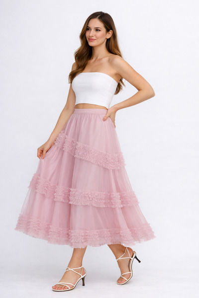 2TRENDY Women's Layered Detailed Lace Maxi Skirt Light Pink