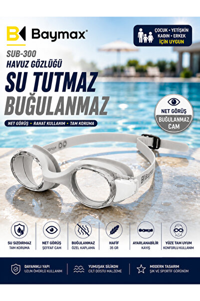 Baymax SUB-300 Buğulanmaz Yüzücü Gözlüğü Şeffaf Cam Ayarlanabilir Silikon Hav...