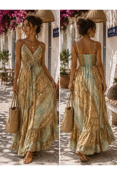 shop Kadın Bej Mint Şal Desenli %80 İpek Askılı Uzun Maxi Yazlık Elbise