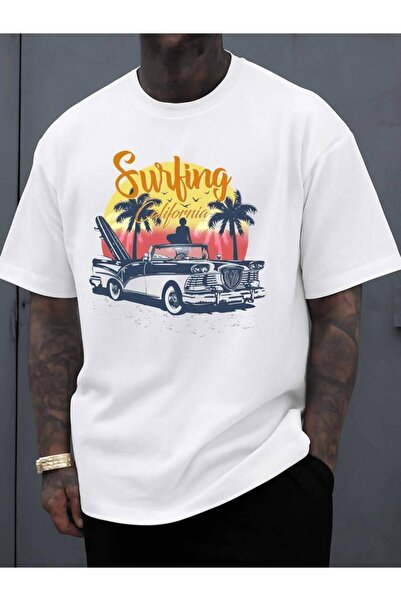 29CUN California Surfing Retro Car Men'S White Round Neck Summer, Ideal Casua...