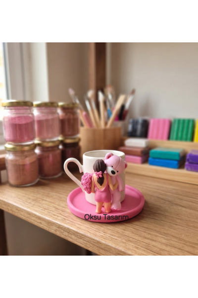 oksukokulutaş Pink Teddy Bear Girl Turkish Coffee Cup