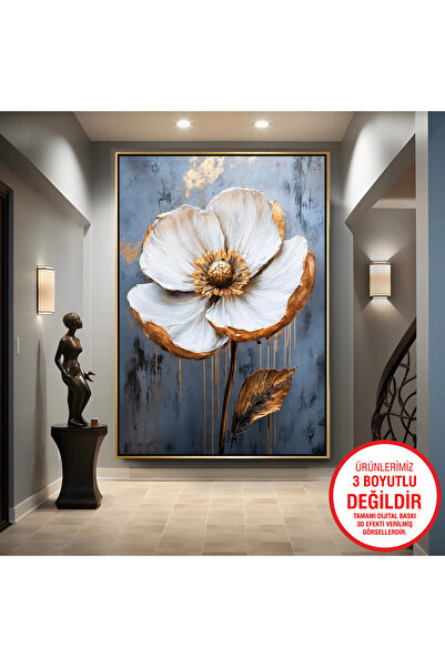 EMYA HOME Gold Metal Çerçeveli Kabartma Görünümlü Çiçekler Kanvas Tablo