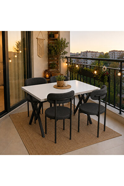 Flamingo 4 Kişilik Mutfak Masa Takımı 120x70 cm Beyaz Masa 4 Antrasit Sandalyeli Modern Yemek ve Balkon Seti