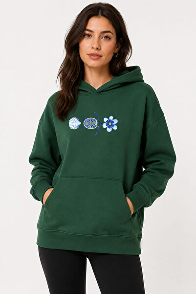 herkesemoda Sea Themed Turtle Printed Hooded 2 Thread Threaded Sweatshirt