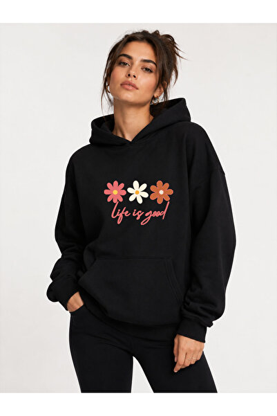 herkesemoda Floral Printed Hooded 2 Thread Threaded Sweatshirt