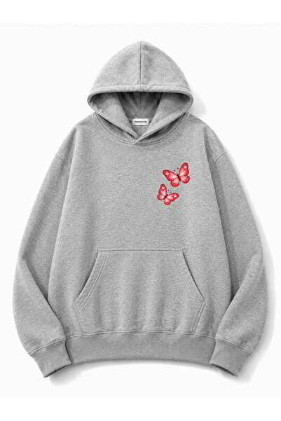 herkesemoda Butterfly Printed Hooded 2 Thread Threaded Sweatshirt