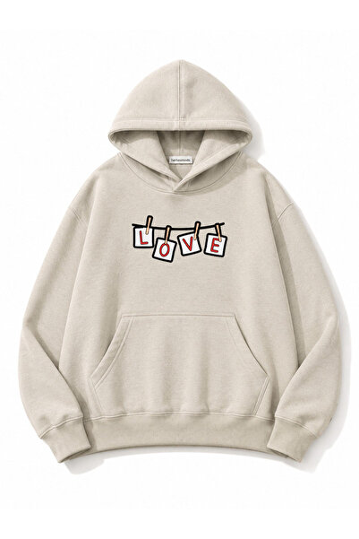 herkesemoda Love Printed Hooded 2 Thread Threaded Sweatshirt