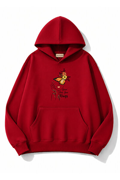 herkesemoda Portrait and Butterfly Printed Hooded 2 Thread Threaded Sweatshirt