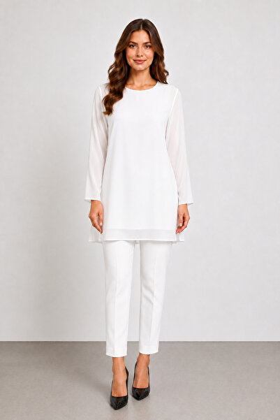 bihan store Women's Chiffon Long Sleeve Tunic Blouse Y26-30392 - Ecru