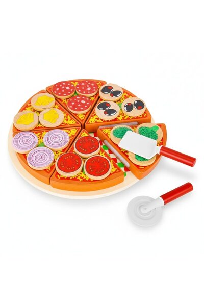 Ayawaska Set pizza din lemn de taiat 27 piese cu velcro, jucarie alimentara d...