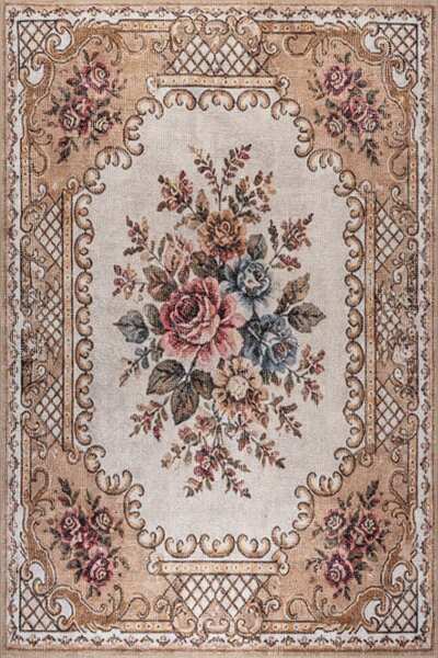 ARTLOOP Florart Kahverengi Bej Vintage Goblen Çiçekli Klasik Desenli Dokuma T...