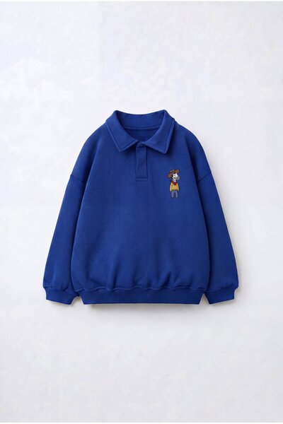 Magu Children's Polo Collar Blue Sweatshirt with Embroidery Detail