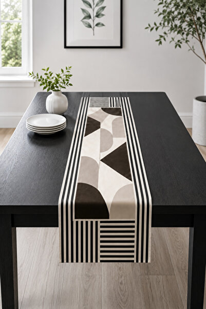Bebişim Halı Brown Beige Geometric and Black and White Striped Modern Runner ...