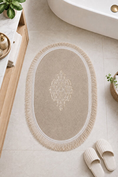 Bonny Home Mink Lace Non-Slip Leather Based Oval Bath Mat with Tassels Washab...