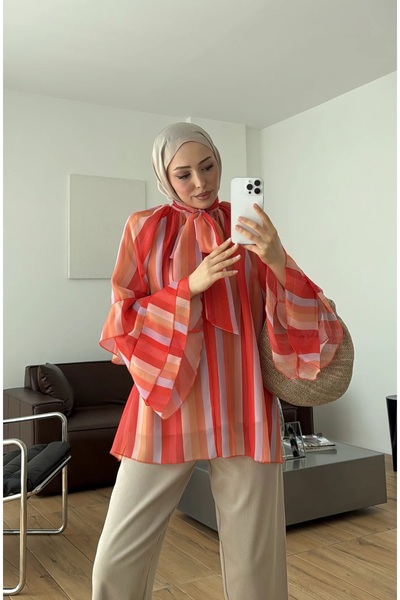 manana fashion Flounced Sleeves Chiffon Scarf Lined Summer Blouse