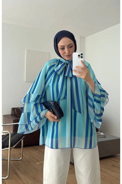 manana fashion Letnja bluza sa širokim rukavima, šifonskim šalom i postavom