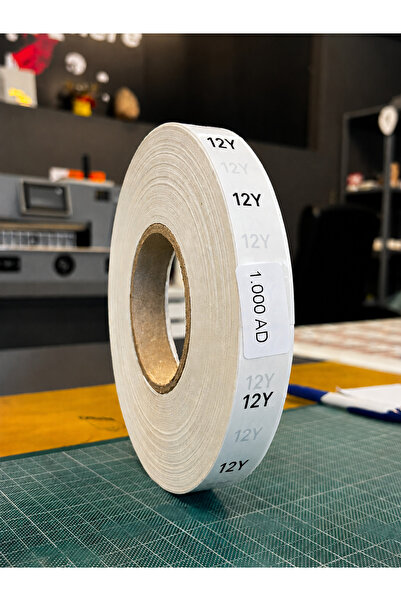 Şeffaf Beden Etiketi 12 Yaş 12Y Genç Giyim Siyah Yazılı Yapışkanlı Tekstil Yaş Etiketi 180x20 mm 1 Rulo x 1000 Adet