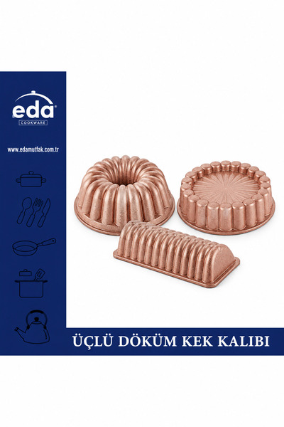 Eda 3 lü döküm granit kek kalıbı seti dilimli yuvarlak kek tart ve baton kalı...