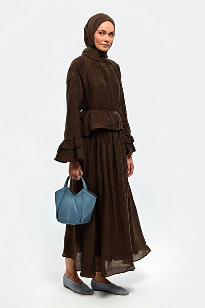 Moda Aydın Butik Women's Volan Sleeve Double Skirt Set M41675 - Brown