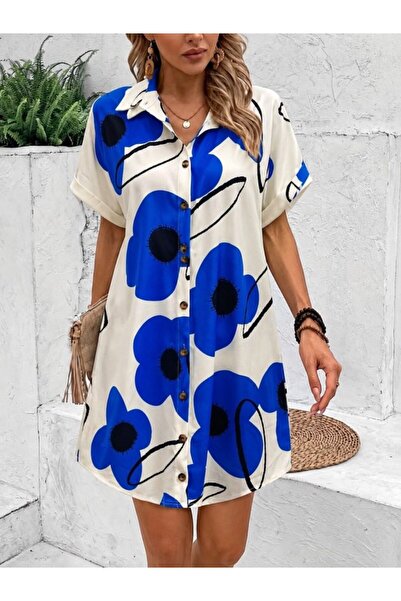oniks store Women's Short Sleeve Collared Floral Patterned Short Single Jerse...