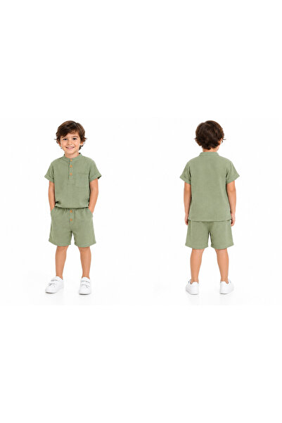 gülerçocuk Boy's Linen Look 2-Piece Set Beige Summer Shorts Set with Stand Co...