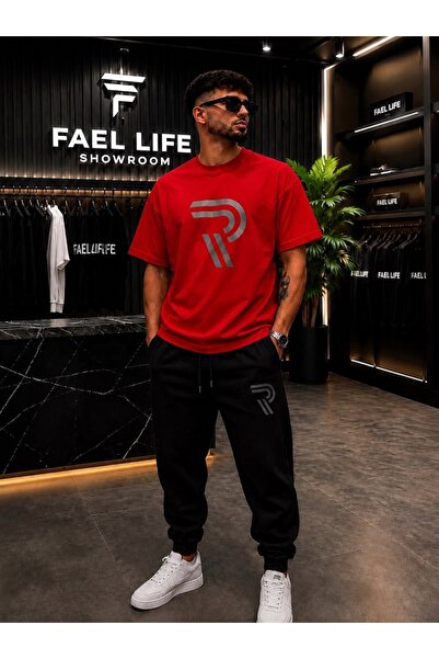 FAEL LİFE طقم تي شيرت وبنطلون رياضي واسع للجنسين مطبوع عليه R