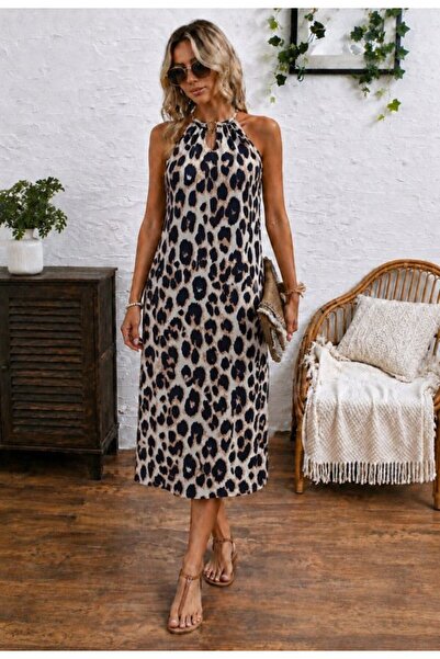 Simala Women's Leopard Patterned Midi Single Jersey Dress with Ring Detail on...