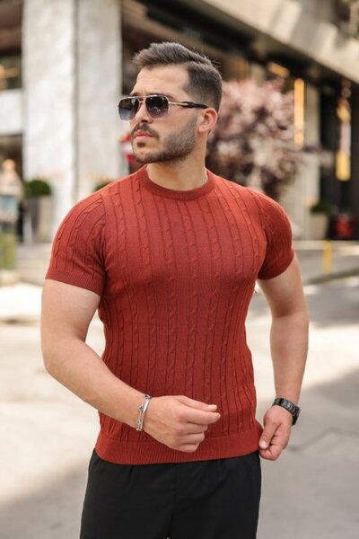 pazarella Men's Knitted Pattern Crew Neck Knitwear T-Shirt - 100% Cotton Acrylic