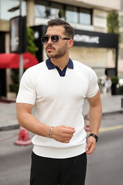pazarella Men's Collar Detailed Patterned Textured Knitwear T-Shirt