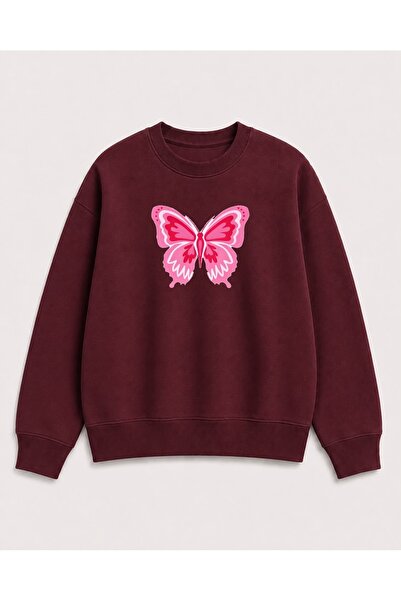 herkesemoda Butterfly Print Detailed Embroidered 2 Thread Crew Neck Sweatshirt