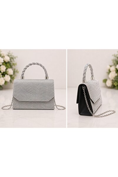 OEM Poșetă Argintie Elegantă cu Cristale și Lanț de Umăr – Clutch de Ocazie p...