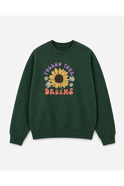 herkesemoda Sunflower Printed 2 Thread Threaded Crew Neck Sweatshirt