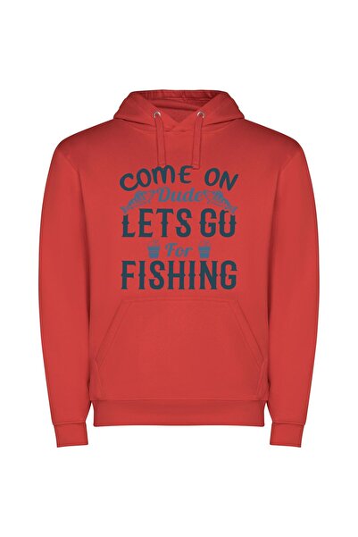 iLovePrints Fishing Fiesta - Let's Go! Φούτερ με κουκούλα σε χρώμα Κόκκινο