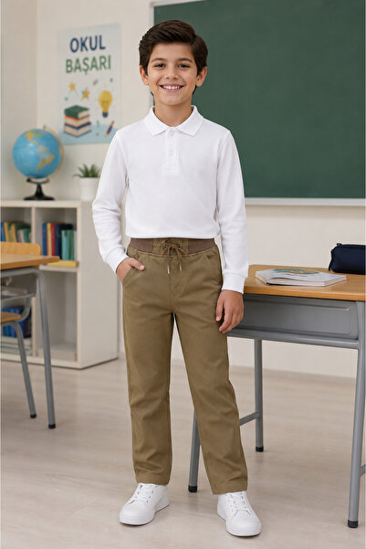 tinytrends Erkek Çocuk Okul Kombini Beyaz Uzun Kollu Polo Yaka Tişört & Lastikli Okul Pantolonu