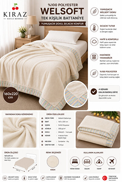 KİRAZHOME Wellsoft Baskılı Biyeli Tek Kişilik Battaniye – Ultra Yumuşak160x220